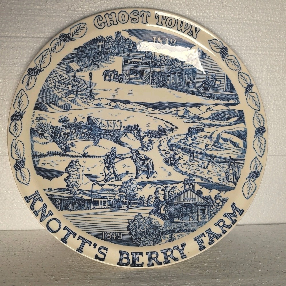 VTG 1949 Vernon Kilns Knott's Berry Farm Ghost Town Centennial Blue Transferware